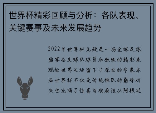 世界杯精彩回顾与分析:各队表现、关键赛事及未来发展趋势