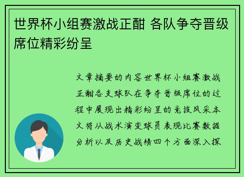世界杯小组赛激战正酣 各队争夺晋级席位精彩纷呈