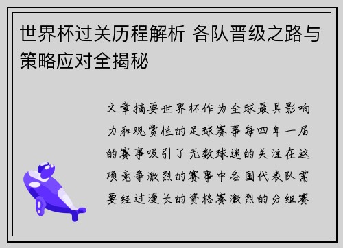 世界杯过关历程解析 各队晋级之路与策略应对全揭秘