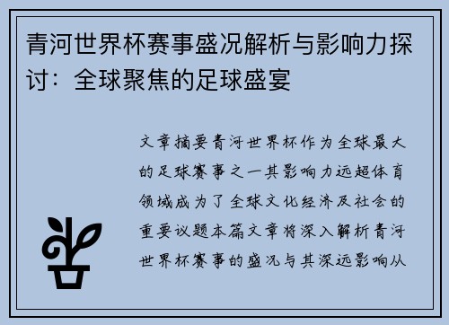 青河世界杯赛事盛况解析与影响力探讨:全球聚焦的足球盛宴